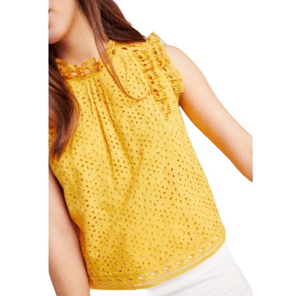 Maeve Tops - Maeve for Anthropologie Mustard Yellow Eyelet Ruffle Tank Top | Size 10